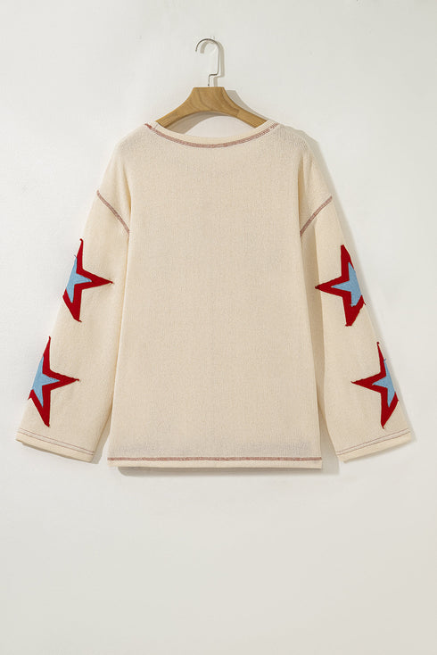 Patriotic USA Graphic Star Patch Exposed Seam Knit Top